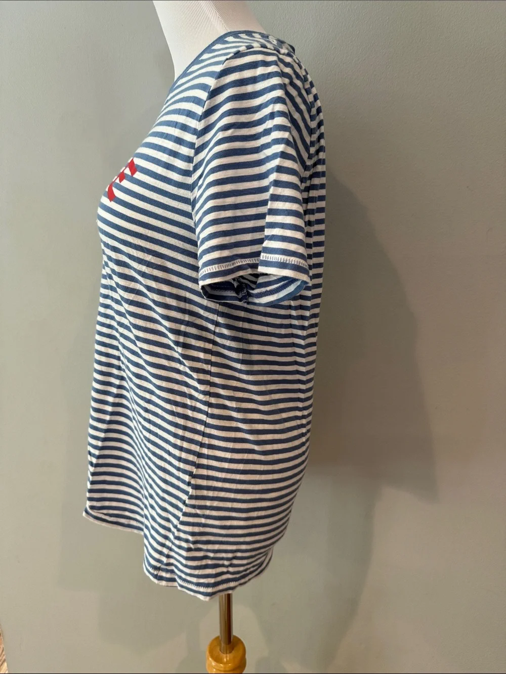Jcrew women’s Blue & White Striped Short Sleeve Tee w Red 'SMILE' Graphic-M